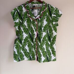 Jayes Studio XL 18-20 Banana Leaf Pajama Top Pink Trim Cotton Sateen NWT